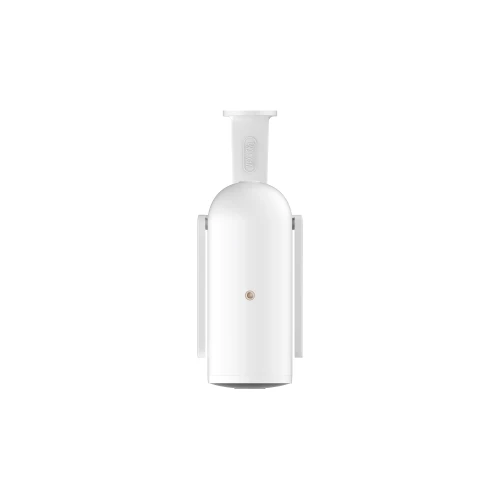 A sleek, white cylindrical security camera designed for outdoor use, featuring a minimalist design with a small lens on the front. The camera is equipped with mounting brackets on the sides for easy installation.