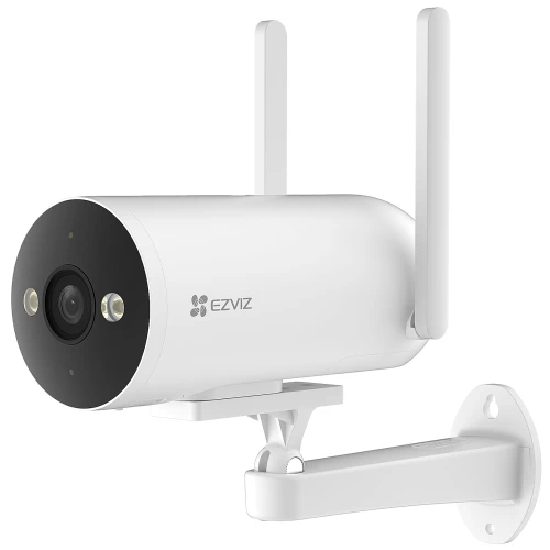 A sleek, white outdoor security camera with dual antennas and a sturdy mounting bracket, designed for enhanced surveillance. The camera features a black front panel with a lens and two LED lights for night vision capabilities.