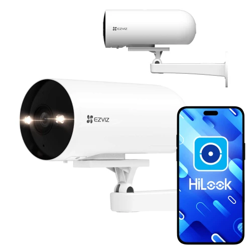 The image shows a sleek, white EZVIZ H5 PoE smart security camera with a cylindrical design, mounted on an adjustable bracket. Next to the camera is a smartphone displaying the HiLook app interface, indicating compatibility and remote access features.