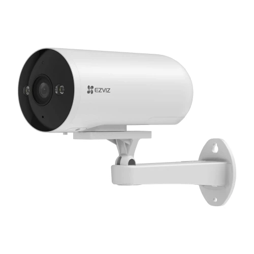 A sleek, white security camera with a cylindrical design is mounted on an adjustable wall bracket. The camera features a black front panel with a lens and two infrared sensors for night vision capabilities.