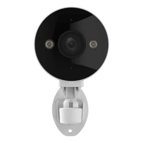 A sleek, round security camera with a black front and two small lights on either side of the central lens is mounted on a white adjustable bracket. The design is modern and minimalistic, suitable for both indoor and outdoor surveillance.