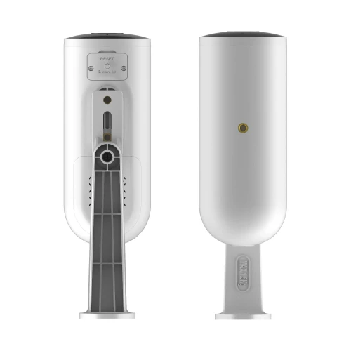 A white, cylindrical smart security camera with a sleek design, featuring a reset button and mounting bracket on the back. The camera is designed for outdoor use, offering advanced surveillance capabilities with a modern aesthetic.