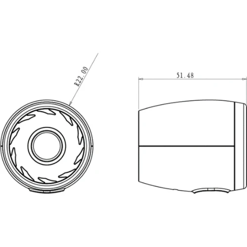 Technical diagram of a cylindrical security camera with detailed measurements. The image shows the front and side views, highlighting the camera's compact design and dimensions.