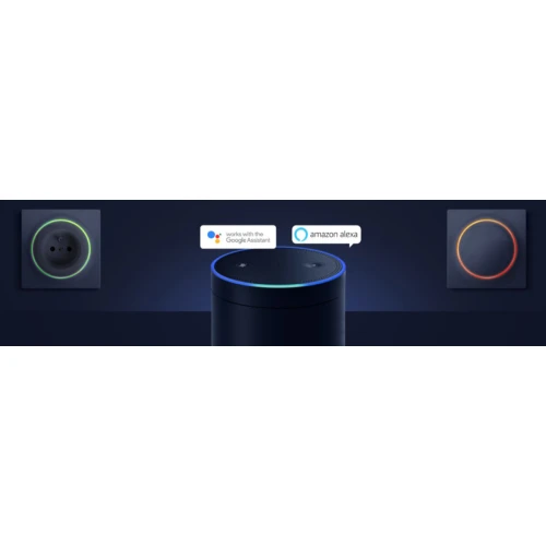 Smart home setup featuring a central smart speaker compatible with Google Assistant and Amazon Alexa, flanked by two wall-mounted smart switches with illuminated rings. The switches display different colored LED rings, indicating their status or mode.