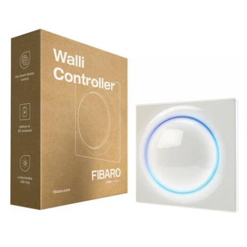 The image shows a Fibaro Walli Controller in white, featuring a sleek, modern design with a circular LED light ring. The product is displayed alongside its packaging, which highlights its smart device control capabilities.