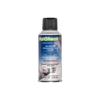 The image shows a can of PurCheck smoke detector tester, designed for testing smoke alarms. The product is non-flammable and environmentally friendly, suitable for institutional use.
