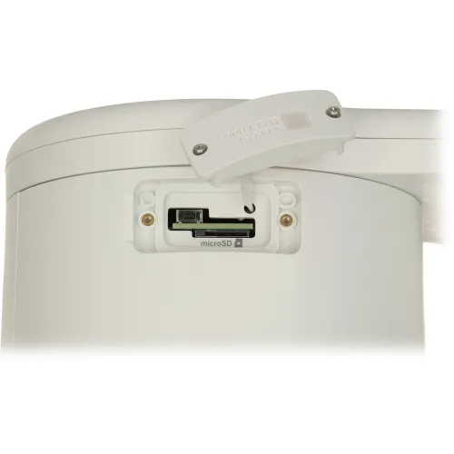 The image shows a white device featuring a microSD card slot and a reset button, designed for easy access and functionality. The cover is partially open, revealing the slot and button, with clear labeling for user convenience.