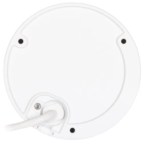 The image shows a white circular device with a cable attached, featuring a memory card slot and a reset button. The design is sleek and minimalistic, suitable for discreet installation.