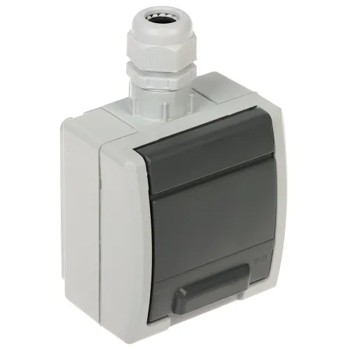 Surface-mounted single socket with a robust gray casing and a protective cover. Designed for outdoor use, it features IP65 water resistance and supports 230V AC, 16A.