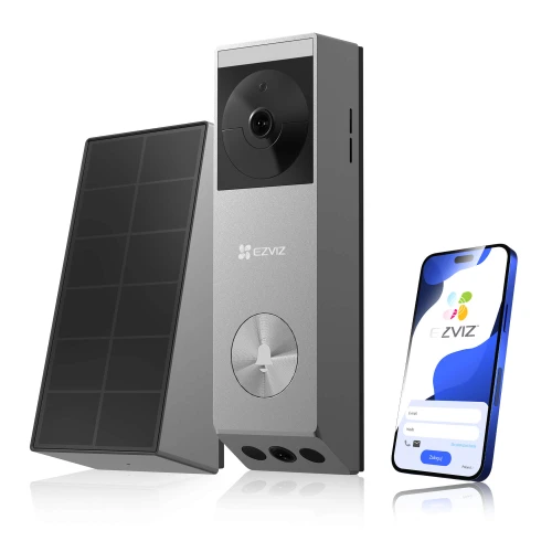 Smart video doorbell set featuring a sleek, modern design with a high-definition camera and a solar panel for sustainable power. Includes a smartphone app interface for remote access and control.