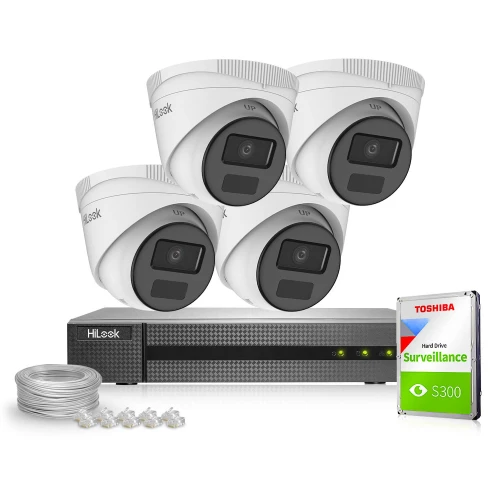 The image features a security camera system including four dome cameras and a digital video recorder, all branded with HiLook. Additionally, a Toshiba surveillance hard drive, a coil of cable, and connectors are displayed, indicating a complete setup for video monitoring.