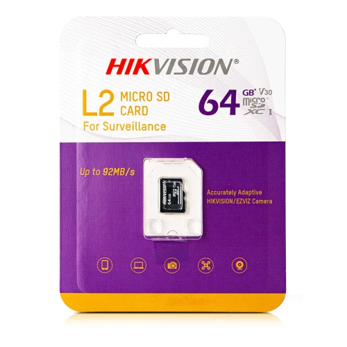 The image shows a Hikvision L2 Micro SD card designed for surveillance, with a storage capacity of 64GB and a speed of up to 92MB/s. The packaging highlights its compatibility with HIKVISION/EZVIZ cameras and features a purple and white design.