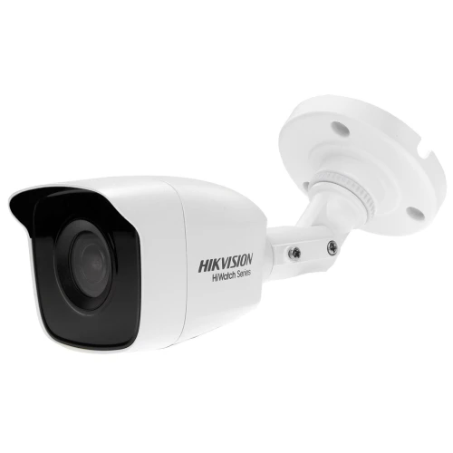 A white Hikvision HiWatch Series security camera with a sleek, modern design is mounted on an adjustable bracket. The camera features a prominent lens and is suitable for outdoor surveillance.