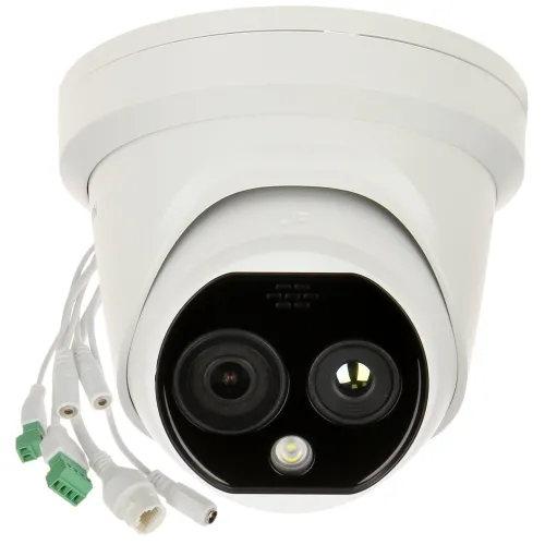 A white, dome-shaped hybrid thermal IP camera with dual lenses and multiple connection ports is shown. The camera is designed for advanced surveillance, featuring both thermal and optical imaging capabilities.
