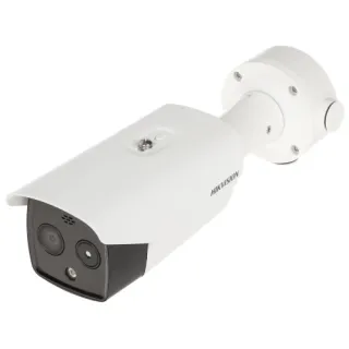 A white hybrid thermal IP camera with a sleek, elongated design and dual lenses for enhanced surveillance capabilities. The camera features a sturdy mounting bracket for secure installation.