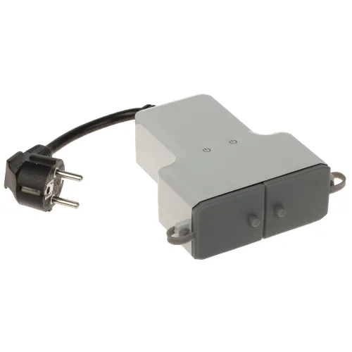 A smart electrical socket with a sleek, rectangular design features dual outlets and a short black power cord with a European plug. The device is equipped with two buttons on the top for easy control and is compatible with Wi-Fi for smart home integration.