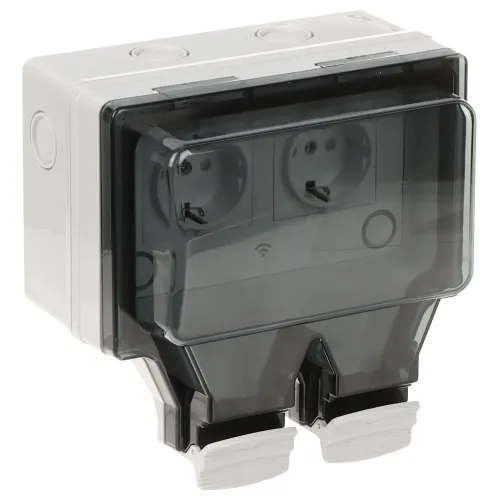 The image shows a smart electrical socket with a protective transparent cover, designed for outdoor use. It features dual outlets and Wi-Fi connectivity, compatible with Tuya Smart for remote control.