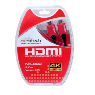 Red HDMI cable by Conotech, packaged in a clear plastic case with bold red and white branding. The cable supports 4K Ultra HD resolution and is 2 meters long.