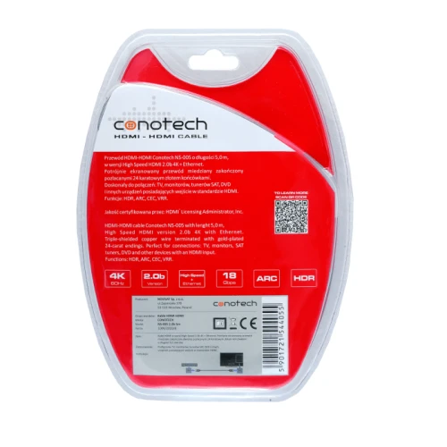 The image shows a Conotech HDMI cable packaged in a clear, red and white blister pack, highlighting features such as 4K resolution support, 18 Gbps speed, and compatibility with ARC and HDR. The packaging includes detailed specifications and a QR code for additional information.