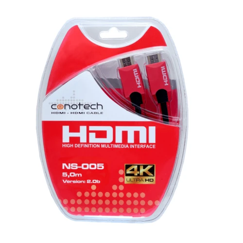 Red and black HDMI cable packaged in a clear plastic case, featuring 4K Ultra HD compatibility and a length of 5 meters. The packaging highlights the Conotech brand and HDMI version 2.0b.