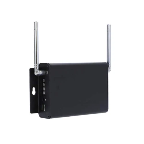 A sleek black signal amplifier with two adjustable antennas and multiple input ports on the side. The device is mounted on a wall bracket, designed for enhancing wireless connectivity.