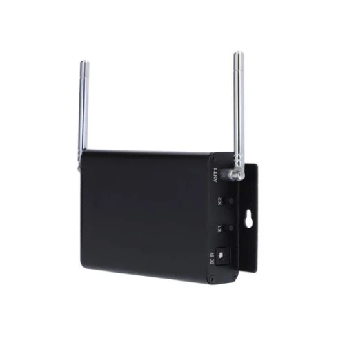 A black signal amplifier with two adjustable antennas and a sleek, rectangular design. The device features multiple ports and a mounting bracket for easy installation.