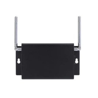 A black signal amplifier with two adjustable antennas is designed for enhancing wireless connectivity. The compact device features wall-mounting brackets for easy installation.