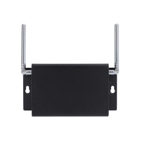 A black signal amplifier with two adjustable antennas is designed for enhancing wireless connectivity. The compact device features wall-mounting brackets for easy installation.