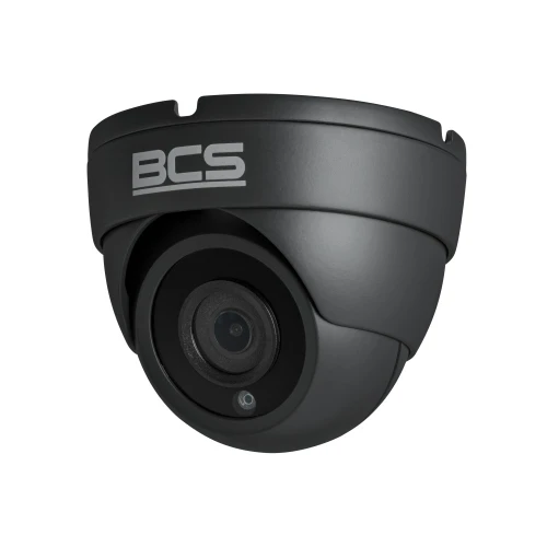 A sleek, black dome security camera with a compact design and the BCS logo prominently displayed. The camera features a wide-angle lens suitable for versatile surveillance applications.
