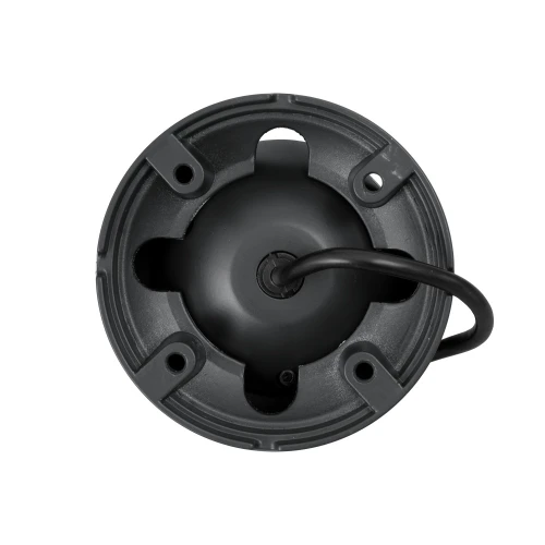 The image shows a round, black security camera base with a central cable extending from the back. The base features multiple mounting holes for easy installation.