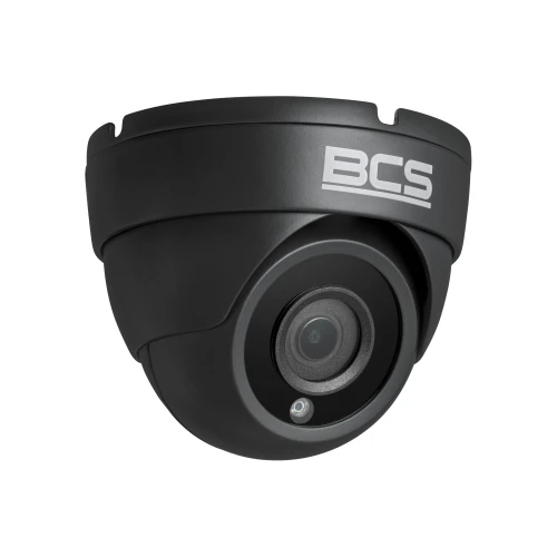 A sleek black security camera with a dome shape, featuring a prominent lens and the BCS logo on the casing. Designed for versatile use, it offers advanced surveillance capabilities in a compact form.