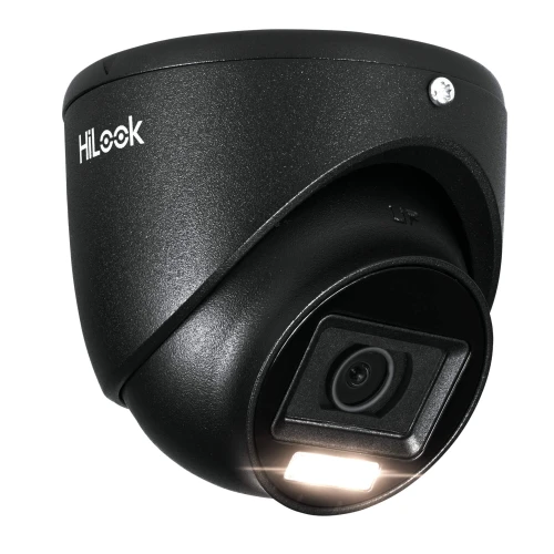 A black HiLook surveillance camera with a dome shape and a built-in LED light is shown. The camera features a sleek design suitable for both indoor and outdoor security monitoring.