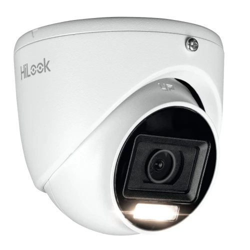 A white dome security camera with a sleek design features a prominent lens and an LED light for enhanced visibility. The camera is branded with the HiLook logo and is designed for versatile indoor and outdoor use.
