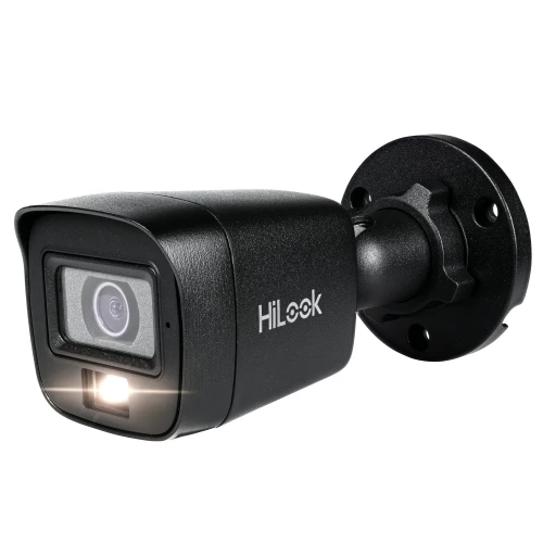 A black HiLook surveillance camera with a sleek, compact design features a prominent lens and built-in LED light. The camera is mounted on a sturdy, adjustable bracket for versatile installation.