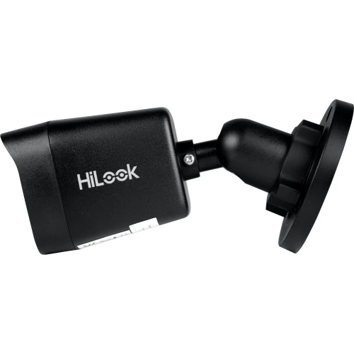 A black HiLook surveillance camera with a sleek, compact design is shown mounted on a swivel base for adjustable positioning. The camera features a durable housing suitable for various security applications.
