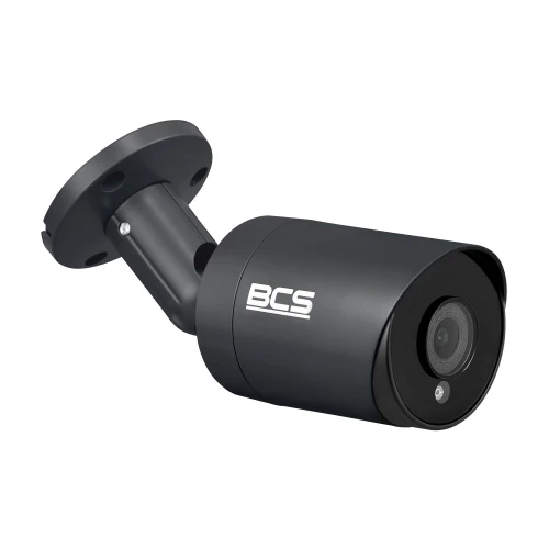 A sleek, black security camera with a cylindrical design and a sturdy mounting bracket. The camera features the BCS logo prominently on its side, indicating its brand.