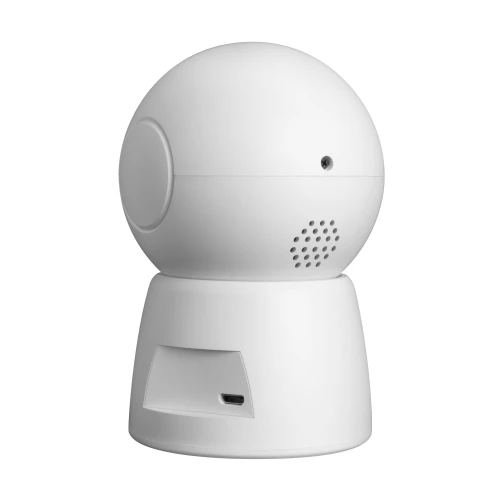 A sleek, white, dome-shaped security camera with a smooth, minimalist design and a small lens on the front. The base features a USB port and a speaker grille for connectivity and audio functionality.