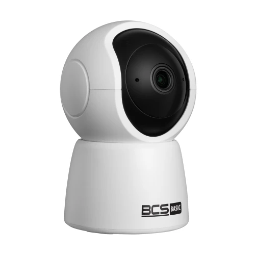 A sleek, white home security camera with a black lens and a modern, rounded design. The camera features the BCS Basic logo on its base, indicating its brand.