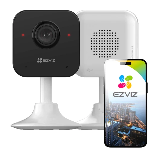 The image shows a sleek, modern EZVIZ WiFi home camera with a black front and white stand, designed for indoor security. Accompanying the camera is a smartphone displaying the EZVIZ app interface, highlighting its connectivity features.