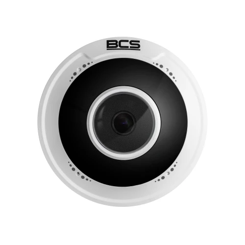 A sleek, white fisheye security camera with a black central lens and the BCS logo on top. The camera features a circular design with small perforations around the lens for enhanced functionality.