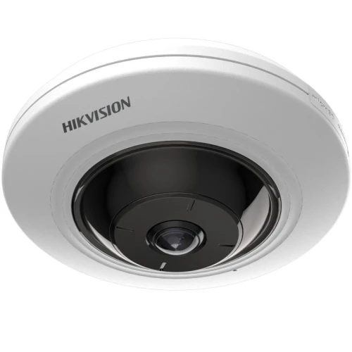 A white, circular fisheye IP camera with a sleek design and a prominent lens in the center. The camera is branded with the Hikvision logo on its surface.