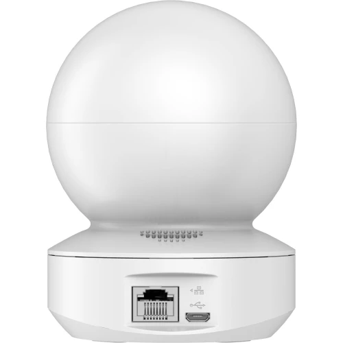 The image shows a sleek, white, spherical IP camera with a smooth finish, designed for home security. The back of the camera features an Ethernet port and a micro USB power input for connectivity and power.