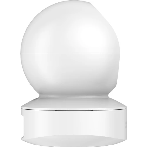 A sleek, white, dome-shaped security camera with a smooth, modern design. The camera features a rotating base for versatile positioning and enhanced surveillance coverage.