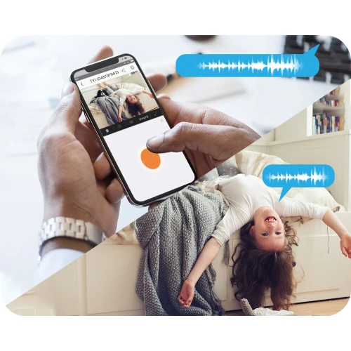 A person uses a smartphone app to control a Full HD IP camera, capturing a live video of a child playing on a bed. The image illustrates the camera's real-time monitoring and two-way audio communication features.