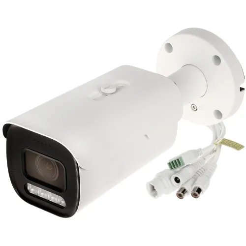 A sleek, white IP camera with a cylindrical design features a prominent lens and multiple connection cables. The camera is equipped with full-color night vision and a 2.7-13.5mm adjustable lens for versatile surveillance.