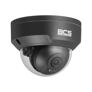 A sleek black dome-shaped IP security camera with a durable casing and a clear lens. The camera features the BCS logo prominently on its side, designed for efficient surveillance.