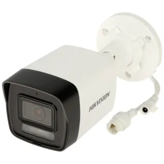 A white Hikvision IP camera with a black front and lens, designed for outdoor surveillance. It features a mounting bracket and connection cables for easy installation.