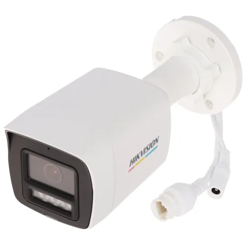 The image shows a Hikvision ColorVu IP camera with a sleek white housing and a compact, rectangular design. It features a lens and LED light on the front, with a mounting bracket and connection cables visible.