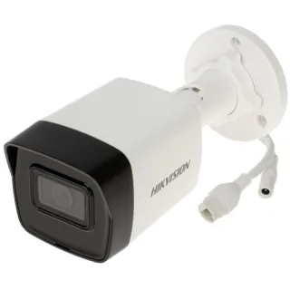 Outdoor Hikvision IP camera with a sleek white and black design, featuring a durable housing and advanced lens for high-resolution surveillance. The camera includes a mounting bracket and connection cables for easy installation.