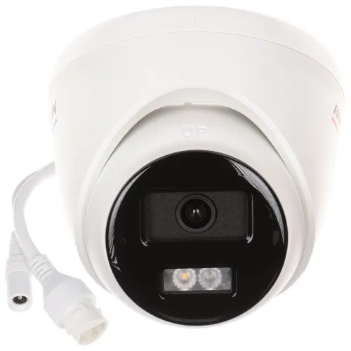 A white, dome-shaped Hikvision IP camera with a black front panel featuring a central lens and dual LED lights. The camera includes a connected white cable with a plug for easy installation.